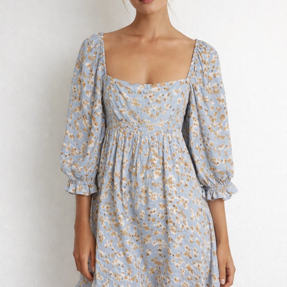 Caylo Blue Floral Mini Dress Medium Cottagecore Puff Sleeve